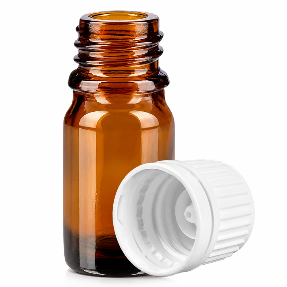 5ml flaske 11mm SV hvid OV BrownLine UT18/5 5 ml ravfarvet apoteksflaske med børnesikring og hvid hætte til sikker opbevaring