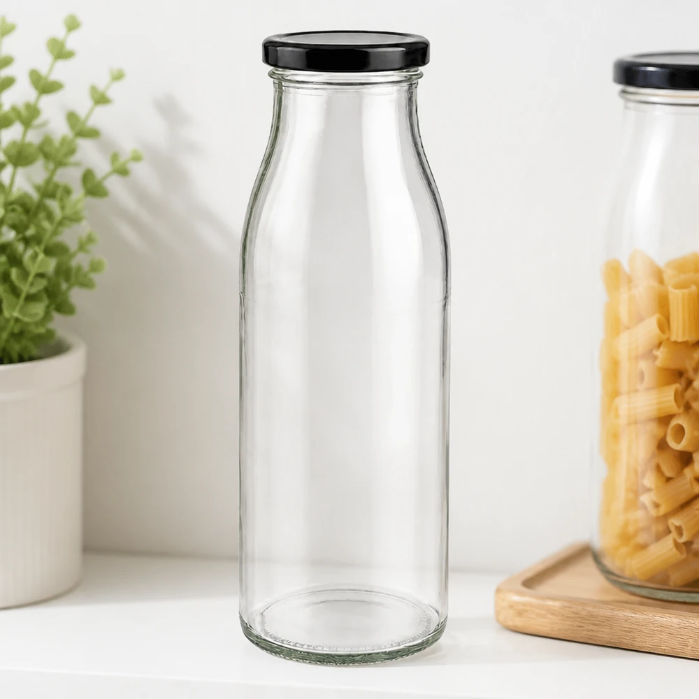500 ml glasflaske + BasicSeal-låg sort UNiTWIST. Absolut lækagesikker med stort TO48-låg. Til mælk, juice og limonade. 500 ml glasflaske transparent tom med sort BasicSeal-låg i stilfuldt køkkendesign med pasta og krydderurter