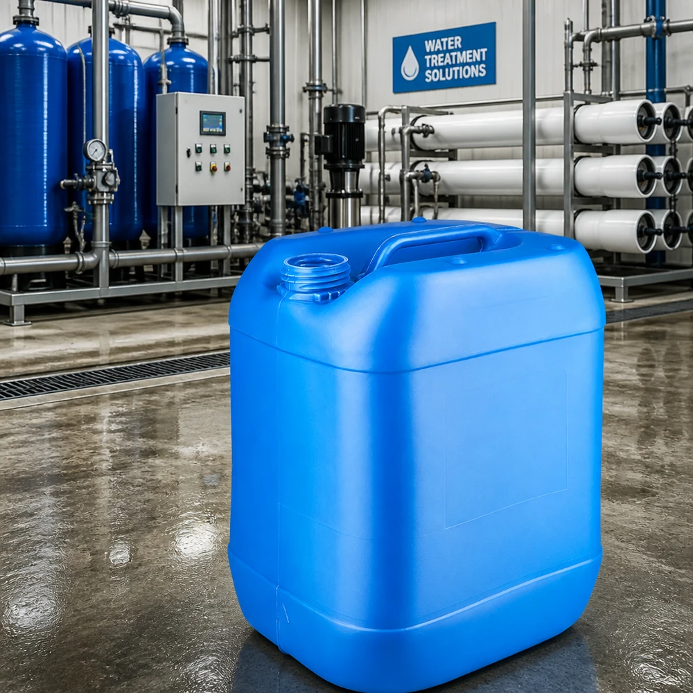 Blå vandkanister på 20 liter uden låg i vandbehandlingsanlægget
