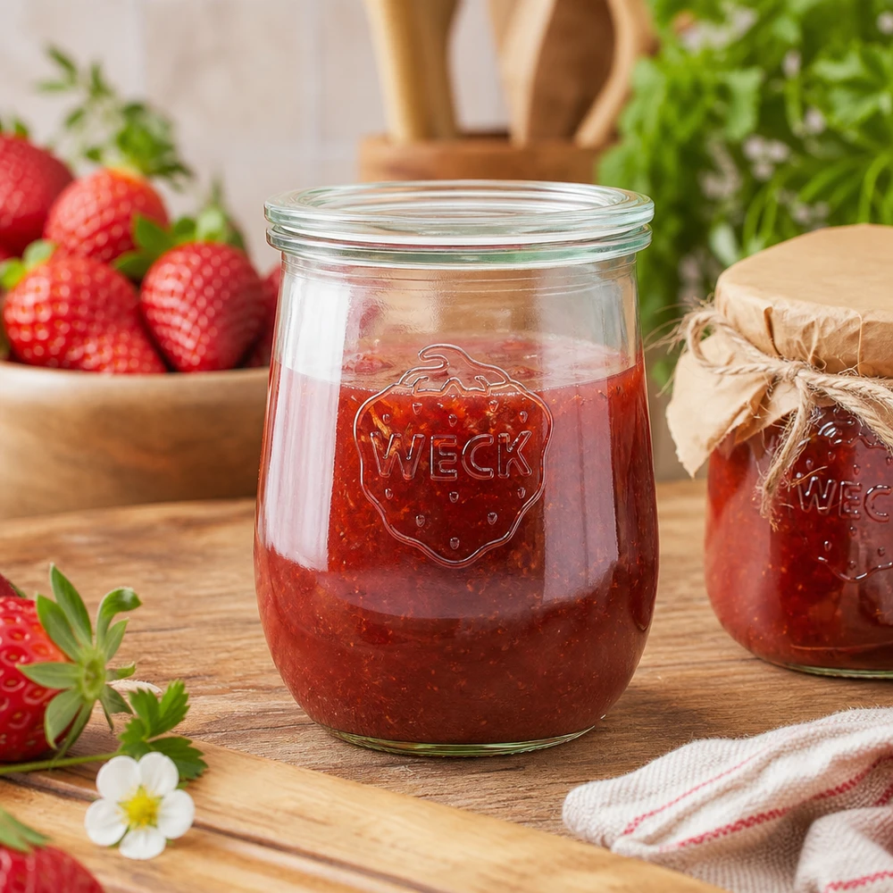 1062 ml tulipankrukke med glaslåg WECK RR100 WECK syltetøjsglas 1062 ml fyldt med jordbærmarmelade på træplade ved siden af friske jordbær og køkkenhåndklæde