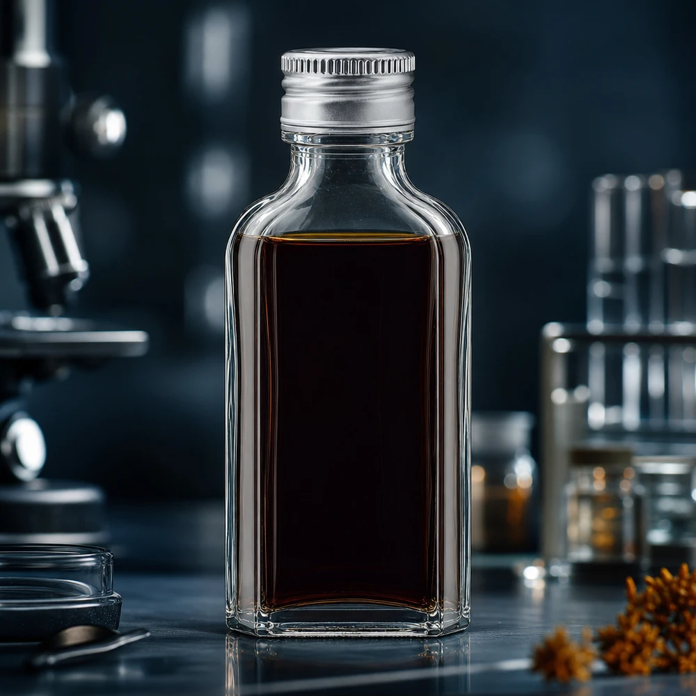 Lille 50 ml glasflaske af mærket Meplat med mørkt indhold og sølvfarvet skruelåg af aluminium (PP22) i laboratoriet