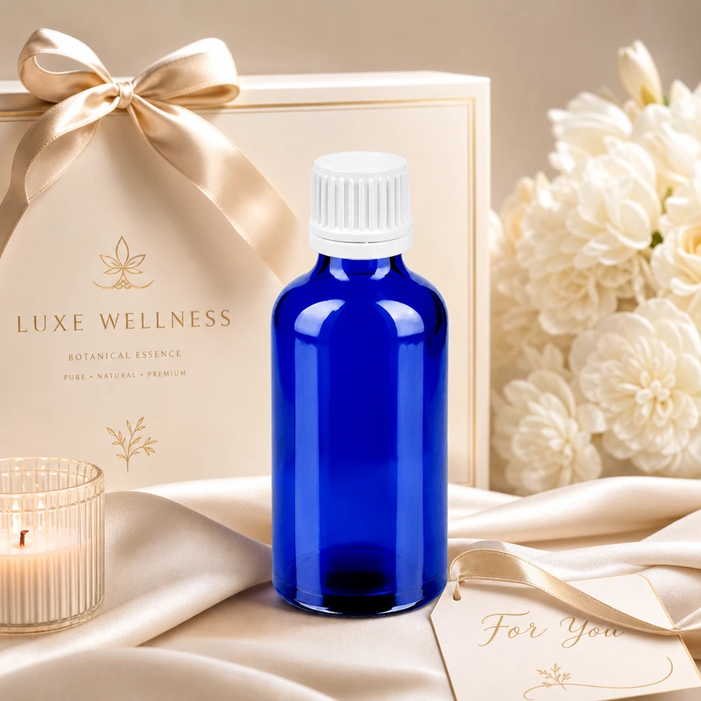 Premium 50 ml glasflaske i koboltblå med hvid dråbehætte til wellness-produkter