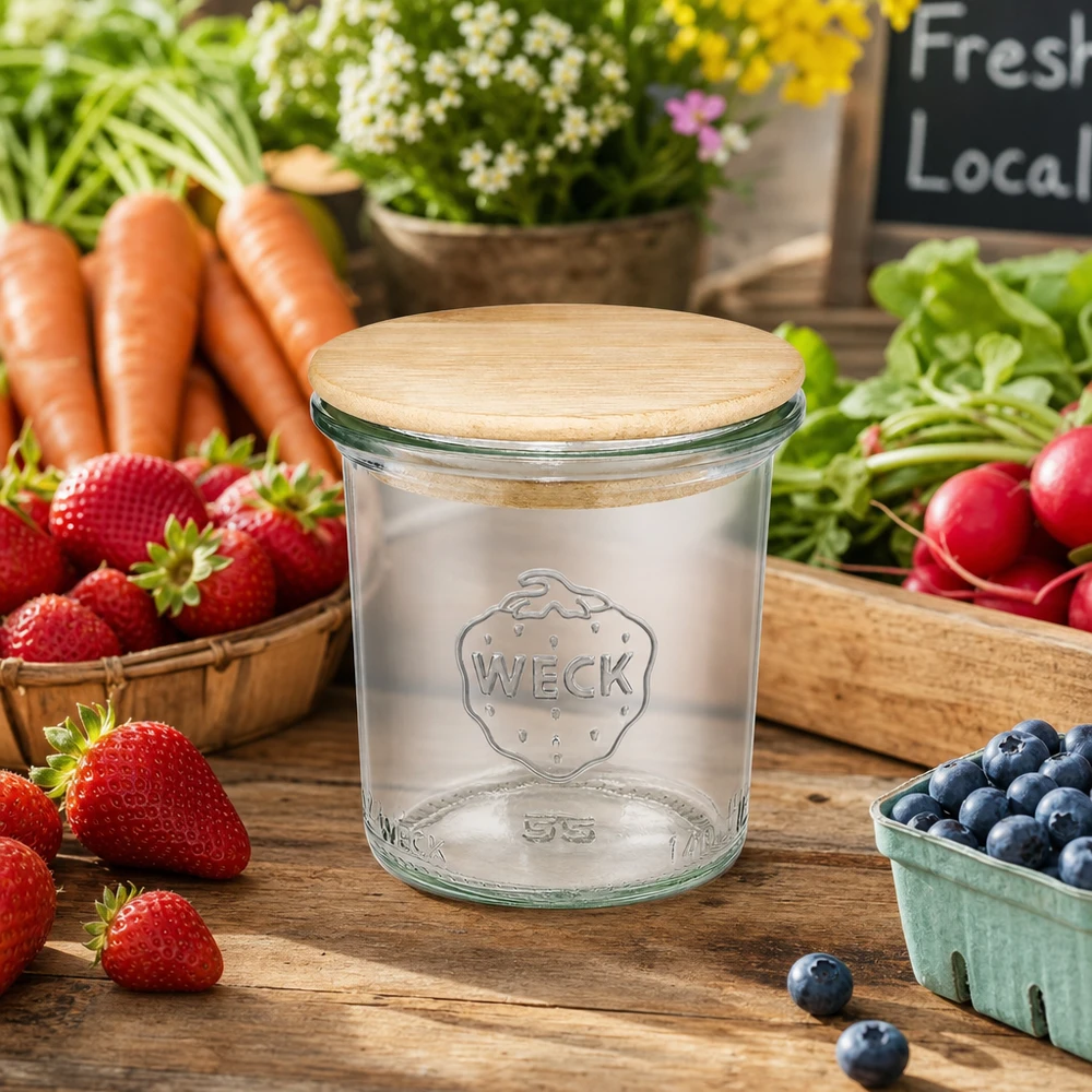 140 ml Briller WECK RR60 med trælåg WECK-glas 140 ml RR60 med trælåg omgivet af friske grøntsager og frugt på et træbord med bondemarkedsstemning