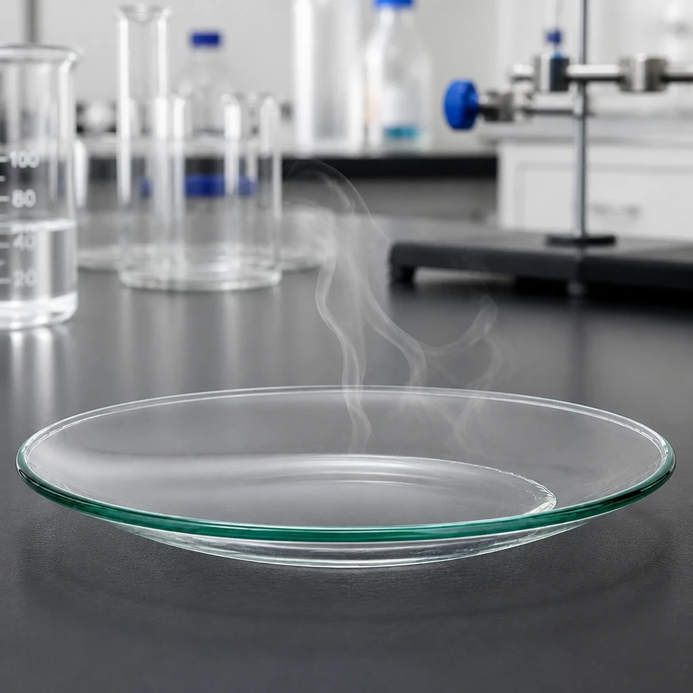 Urglasskål Ø 110 mm Flad glasskål 110 mm i diameter med karakteristisk urglasform til laboratorieeksperimenter