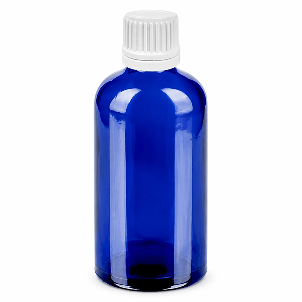 Blå glasflaske 100 ml med hvid dråbehætte og 0,7 mm åbning til præcis dosering