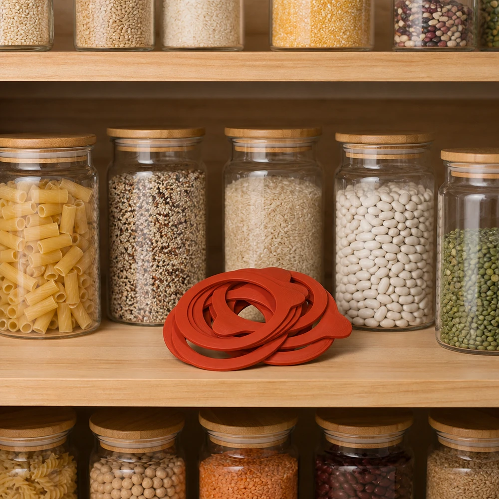 Kogende ring af naturgummi RR60 Konserveringsring RR60 naturgummi orange i opbevaringskøkken med konserveringsglas fulde af bælgfrugter korn pasta