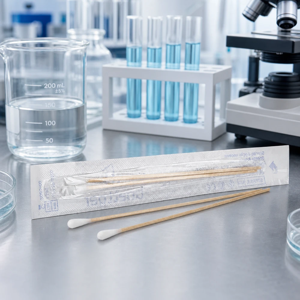 Vatpinde STERIL (2 stk.) Sterile laboratoriepinde, 2 stk., i renrummet ved siden af reagensglas og mikroskop