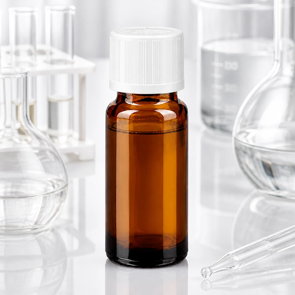 Apoteksflaske brun 10ml dråbetæller hvid KiSi St 10 ml brun glasflaske med hvid børnesikret lukning og 1,2 mm dråbeindsats i laboratoriet