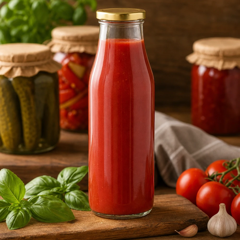 500 ml glasflaske + BasicSeal-låg guld UNiTWIST. Absolut lækagesikker med stort TO48-låg. Til mælk, juice og limonade. 500ml Glasflasche mit Tomatensaft gefüllt zeigt praktische Verwendung für hausgemachte Säfte und Konserven