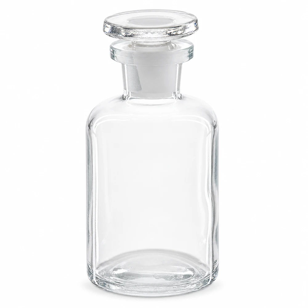 Rund skulderflaske 50 ml klar glasprop med smal hals Rundskulderflaske, 50 ml, klar, med glasprop og smal hals til laboratorier og apoteker