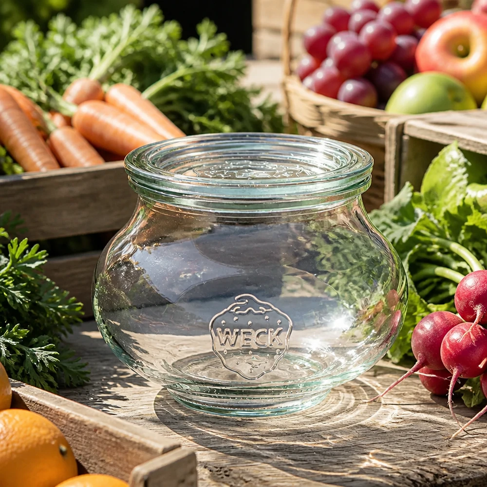 560 ml dekorativt glas med glaslåg WECK RR80 WECK dekorativ krukke 560 ml RR80 med gennemsigtigt glaslåg mellem friske grøntsager gulerødder radiser og frugt