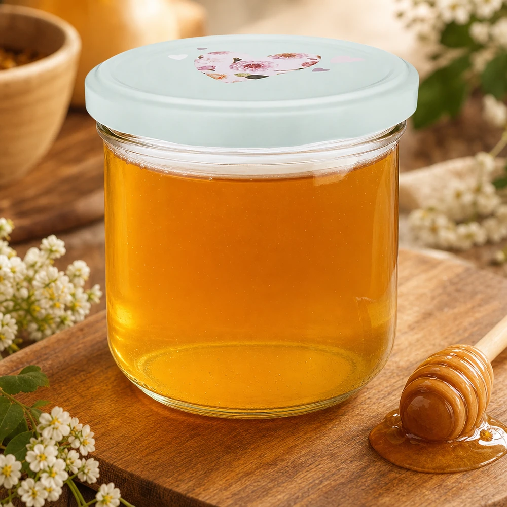 260 ml glas med skrå kant + BasicSeal låg, hjerteformet, mint UNiTWIST 260 ml murerbalje fyldt med honning, mintgrønt BasicSeal-låg med hjertemotiv, honningske og blomster som dekoration