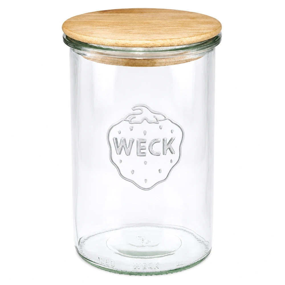 1000 ml Briller WECK RR100 med trælåg WECK 1000ml RR100 murerbalje med trælåg lavet af egetræ gennemsigtig tom murerbalje til opbevaring