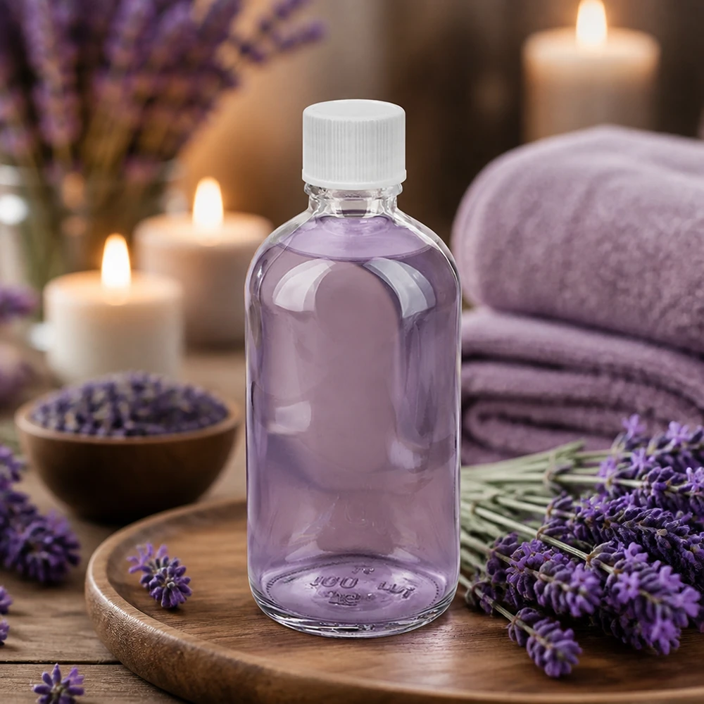 100 ml flaske 11 mm SV hvid STD ClearLine UT18/100 Lavendel-aromaolie i en 100 ml klar glasflaske med hvid prop fra UT18 ClearLine-serien