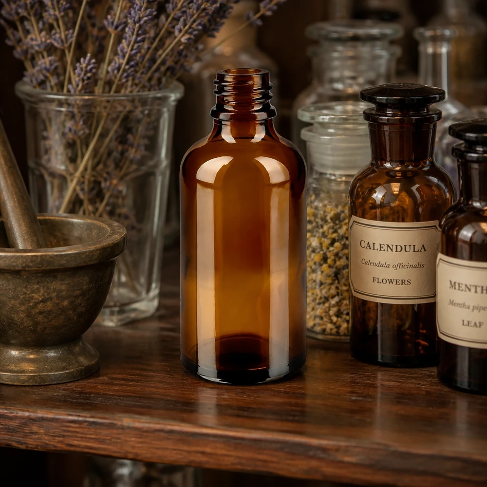 Dropperflaske 50 ml DIN 18 lavet af ravfarvet glas 50 ml brun apotekerflaske ApoGlas mellem krukker med morgenfrue og lavendel i et traditionelt lægeurteværksted