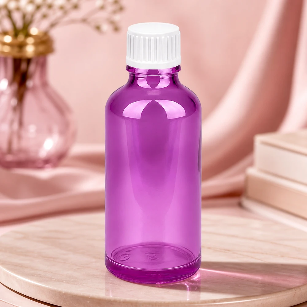 50 ml dråbeflaske 0,9 mm hvid standard PurpleLine. UT18/50 Lilla 50 ml dråbeflaske med præcis 0,9 mm dråbetud til hudplejeessenser