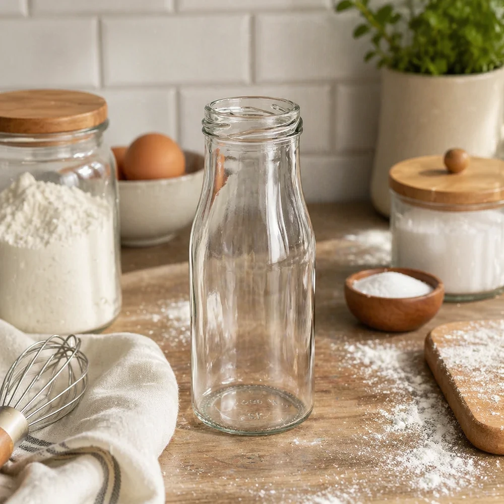 UNiTWIST Bottle150 - Flaske med indhold 150 ml TO43 UNiTWIST Bottle150 Glasflaske 150 ml TO43 i moderne køkken med bageredskaber og opbevaringskrukker