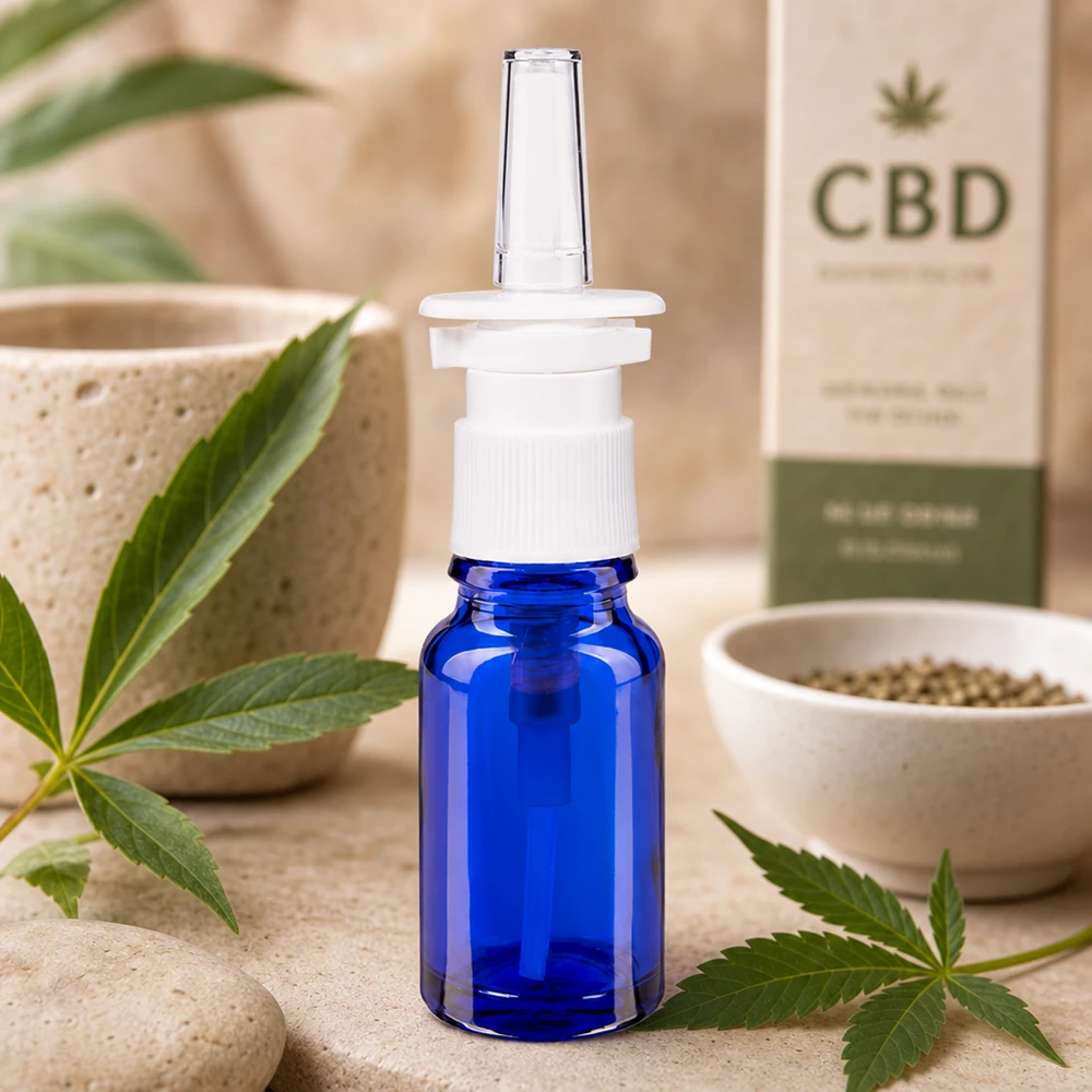 Apoteksflaske blå 10 ml næseforstøver hvid St Kompakt 10 ml næsesprayflaske i koboltblå med CBD-produkter og hampeblade