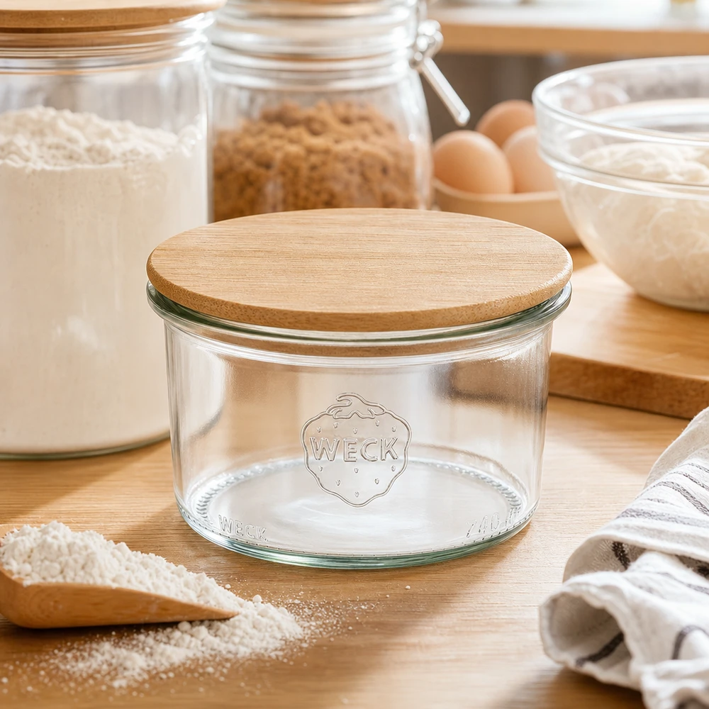 200 ml Briller WECK RR80 med trælåg WECK Sturzglas 200ml RR80 mit Holzdeckel in natürlicher Küchenumgebung zwischen Backzutaten und Vorratsgläsern