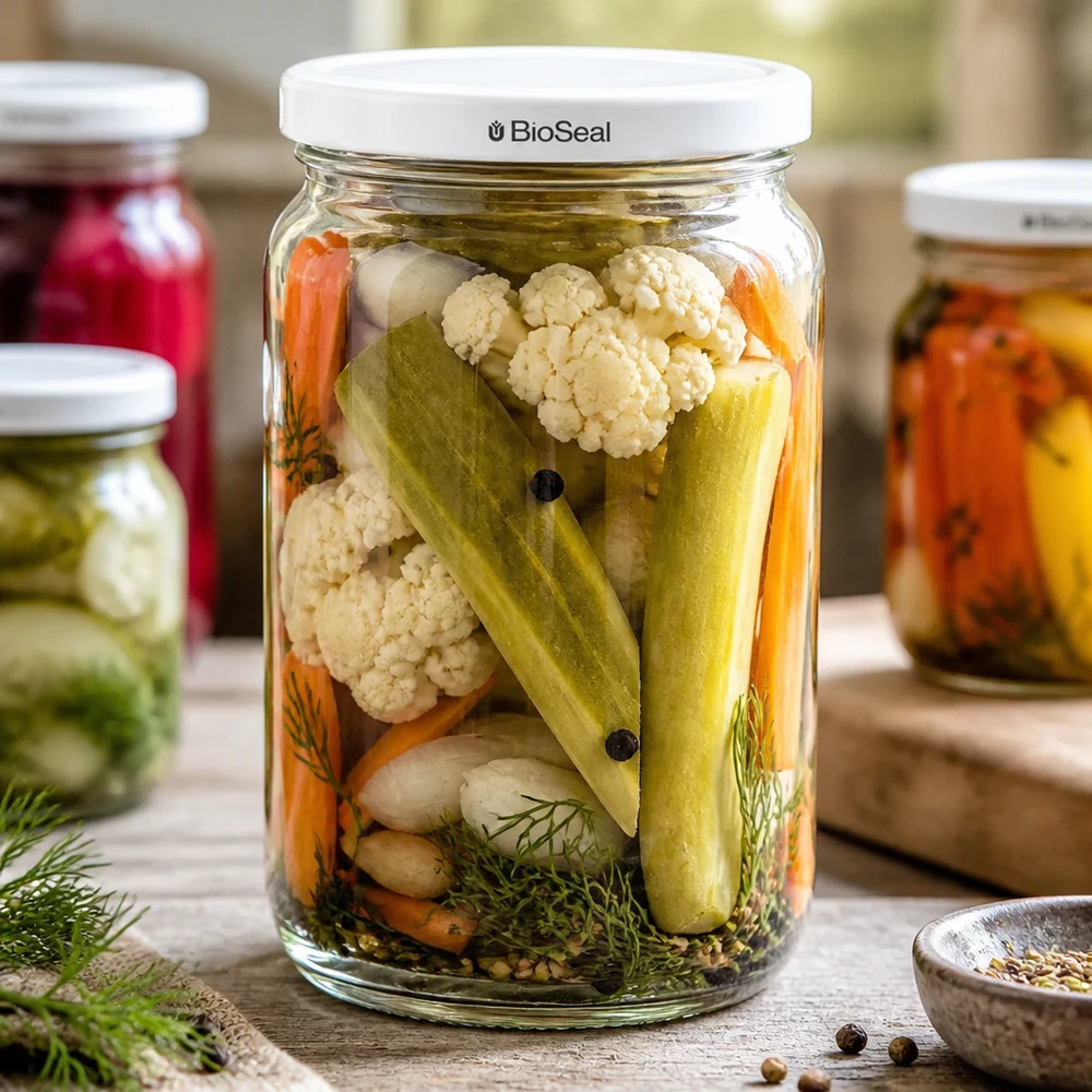 UNiTWIST Runda795 med hvidt låg TO82 BioSeal UNiTWIST Runda795-krukke med syltede blandede grøntsager - ideel til pickles og fermenterede fødevarer