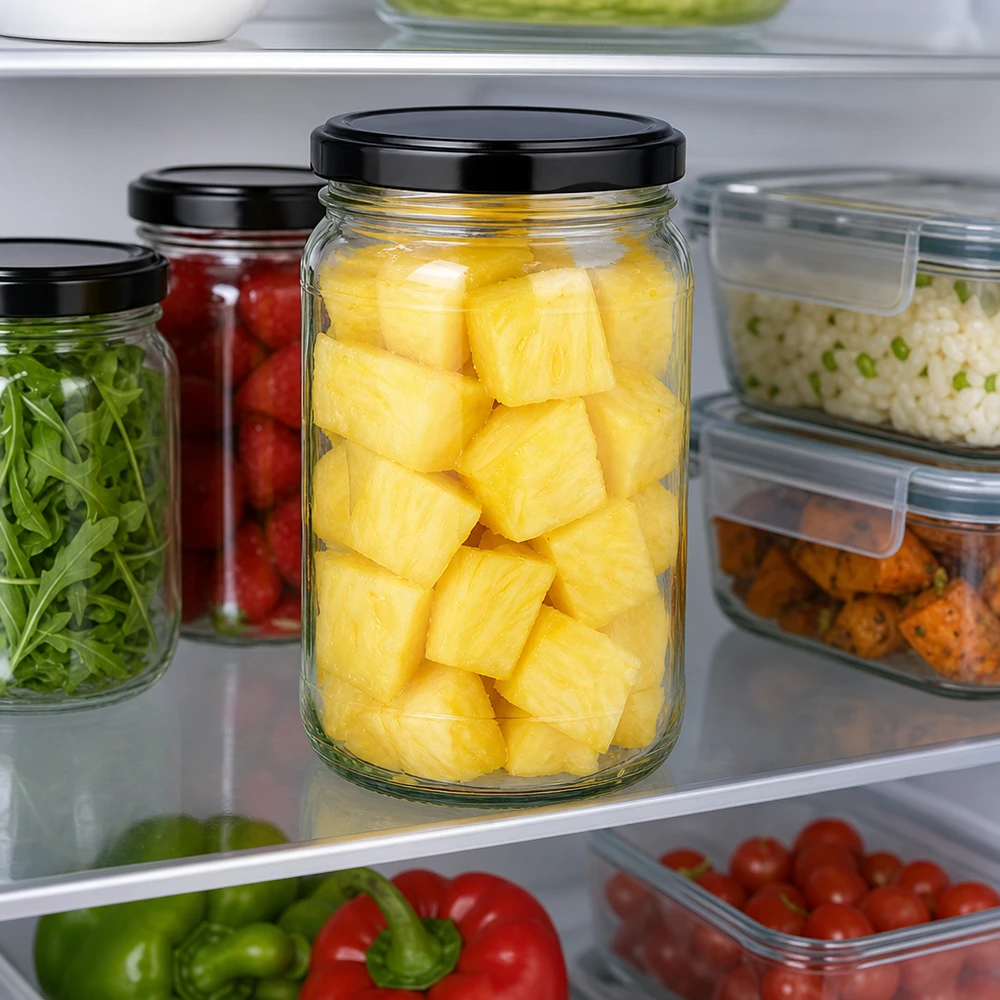 305 ml rund krukke med BasicSeal-låg sort UNiTWIST 305 ml rund krukke UNiTWIST med sort låg fuld af ananas i køleskabet til madopbevaring