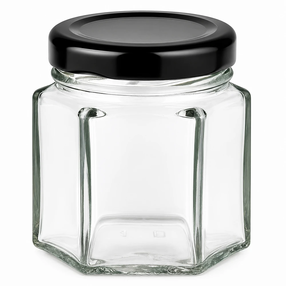 47 ml hexa-krukke med BasicSeal-låg sort UNiTWIST 47 ml sekskantet glaskrukke med sort BasicSeal-låg - sekskantet glaskrukke til mad og opbevaring