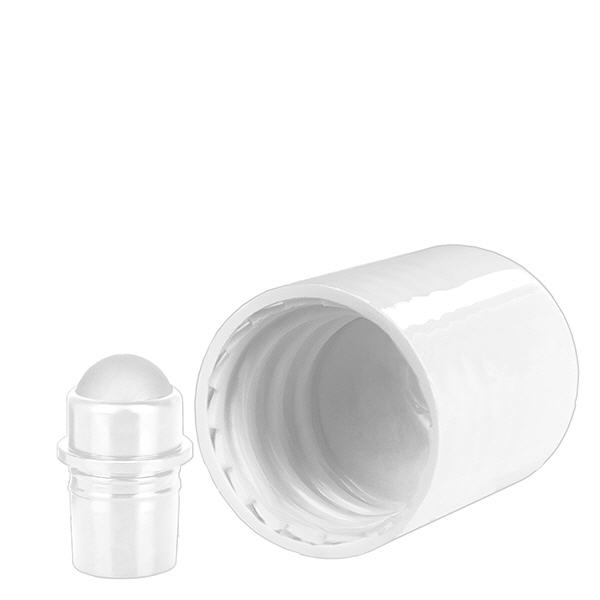Roll-on-hætte hvid (DIN18, UT18) med glaskugle, standardhætte. Med skruelåg. Til ApoGlas®, UNiTWIST® & Miron® Apofl. 5-100 ml med 18 mm gevind.