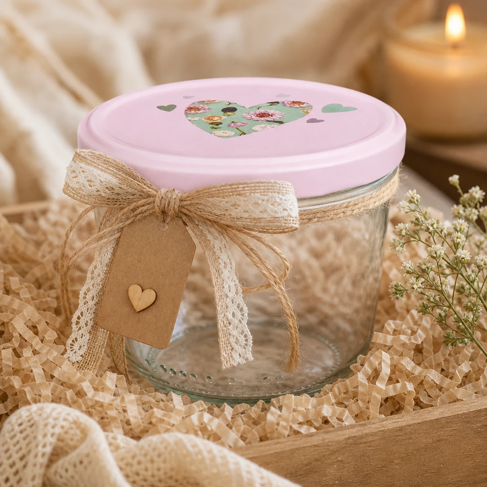 230 ml væltet glas + BasicSeal låg hjerte rosa UNiTWIST Sturzglas 230ml mit rosa Herz-Deckel dekorativ mit Juteschleife und Geschenkanhänger als Geschenkverpackung arrangiert