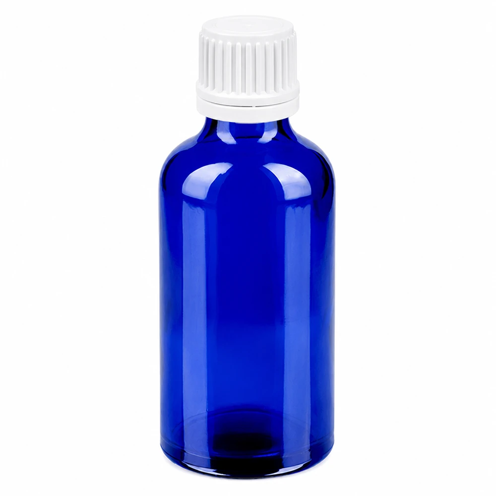 50 ml blå glasflaske med hvidt skruelåg til kosmetik og lægemidler