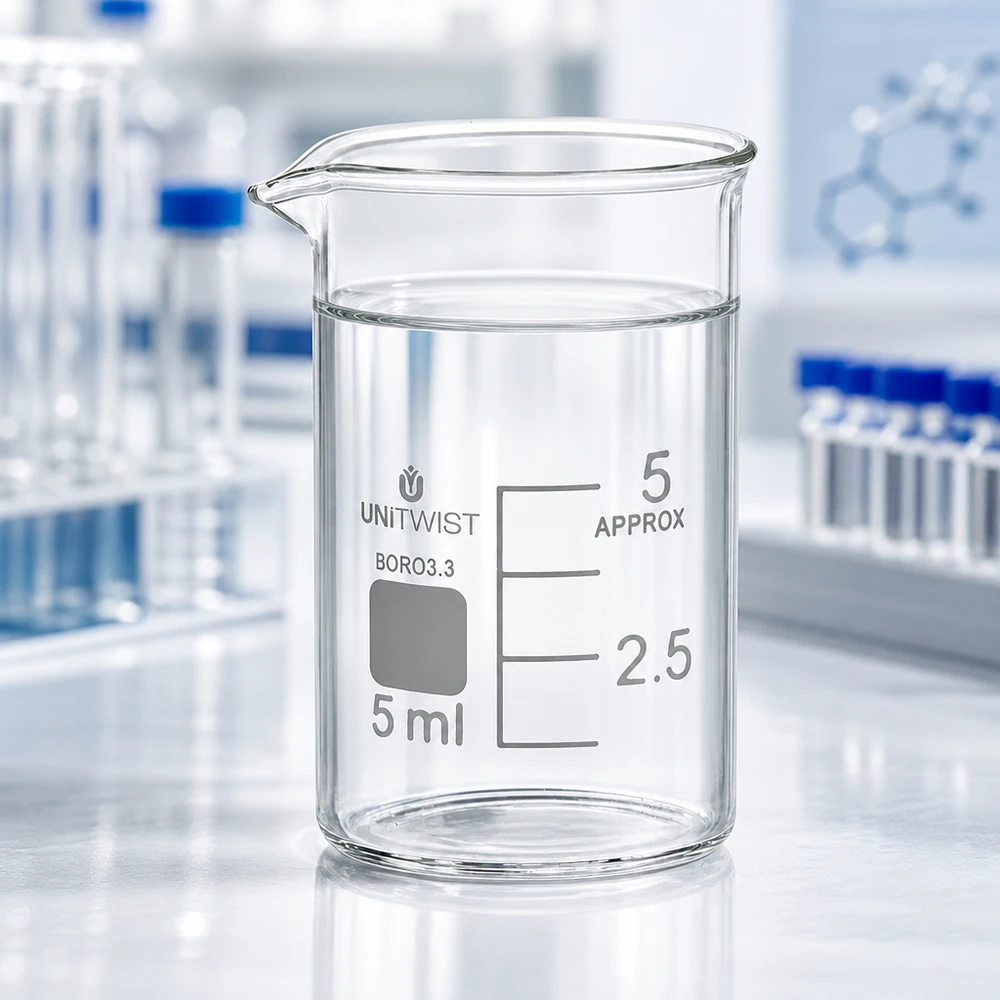Bæger 5 ml borosilikat, lav form UNiTWIST Gennemsigtigt bægerglas, 5 ml, UNiTWIST, borosilikat 3.3, lav model med hvid skala