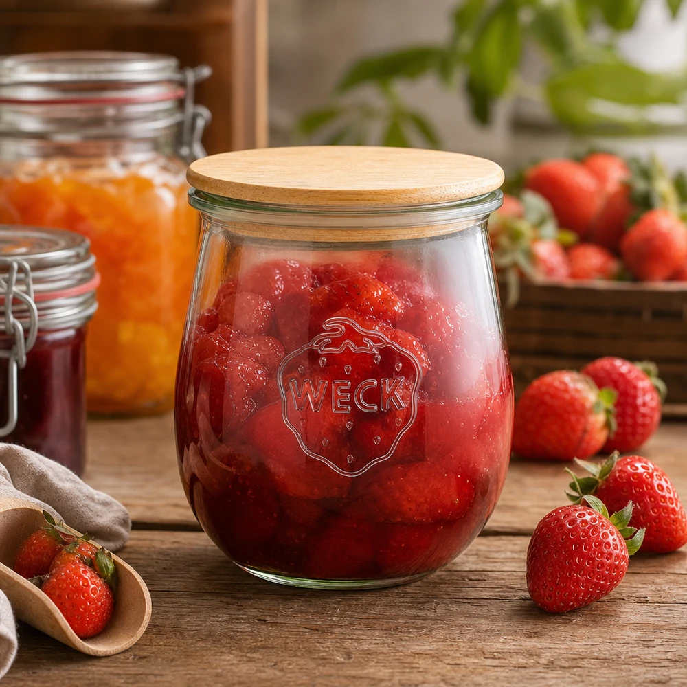 220 ml tulipankrukke WECK RR60 med trælåg WECK tulipankrukke 220 ml med trælåg fyldt med jordbærmarmelade - konserveringskrukke til syltetøj og smørepålæg