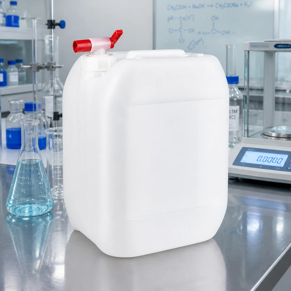 Beholder 10 liter med aftapningshane Rektangulær 10-liters plastdunk med rødt tappehoved til brug i professionelle laboratoriemiljøer