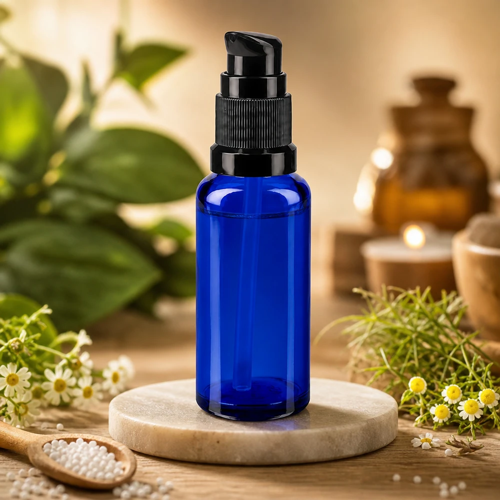 Koboltblå 30 ml ApoGlas-pumpeflaske med sort låg mellem kamilleblomster
