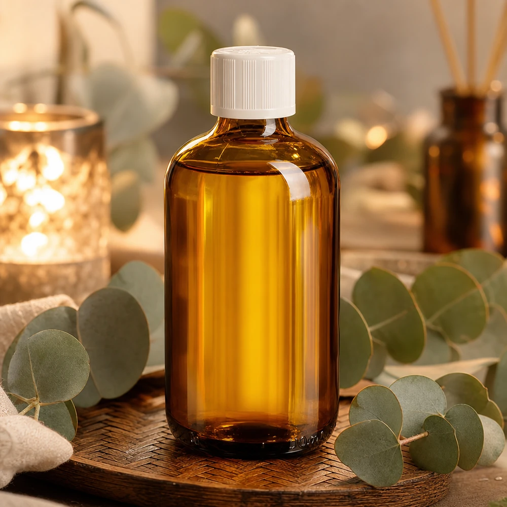 Apoteksflaske brun 100 ml skruelåg hvid KiSi St 100 ml apoteksflaske af brunt glas med hvid børnesikring og eukalyptus-spa-stemning
