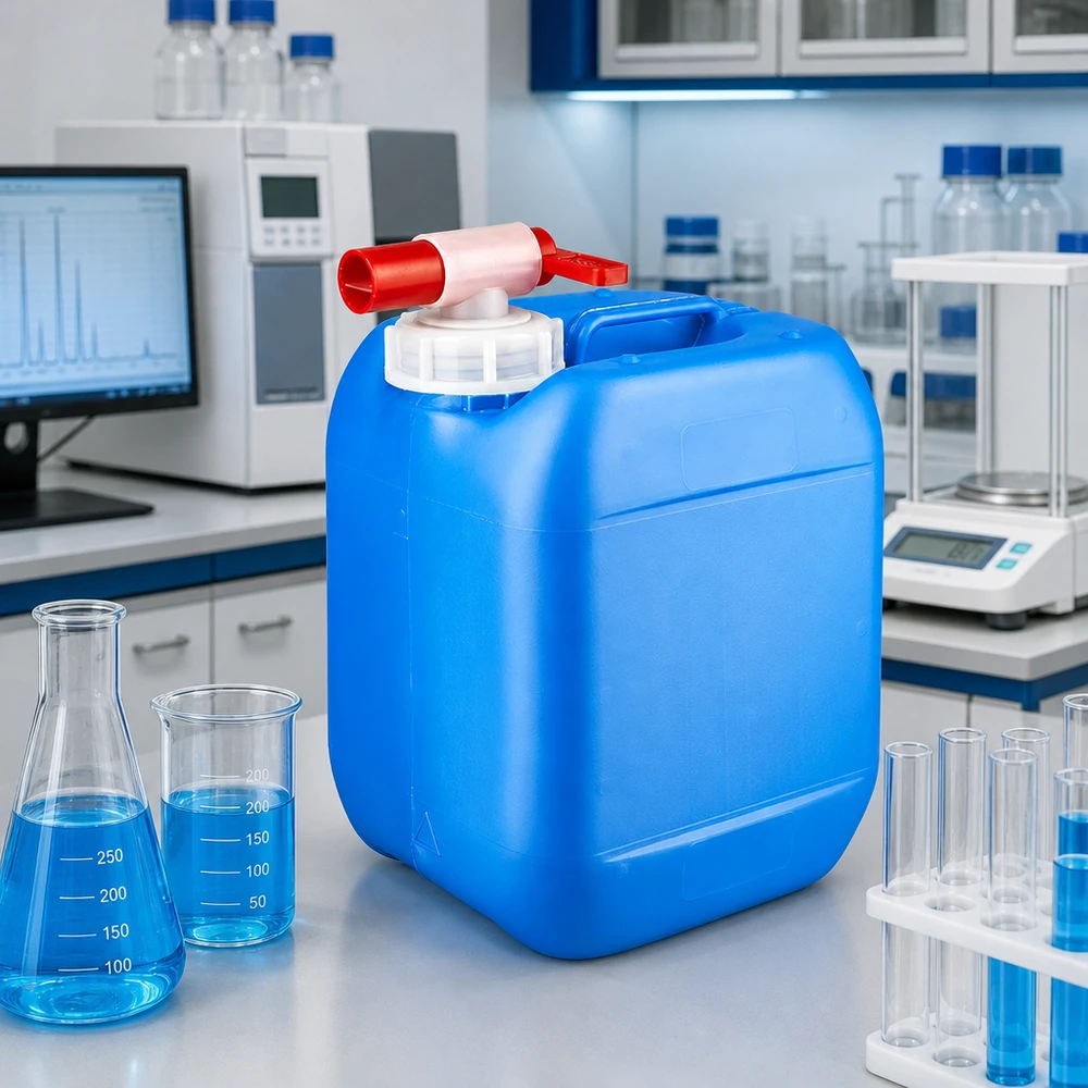5 liters blå dunk med taphane Blå plastdunk på 5 liter med udløbshane i et laboratoriemiljø ved siden af en Erlenmeyer-kolbe og et bægerglas
