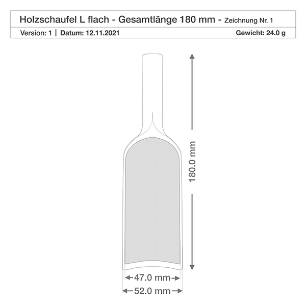 Træspade størrelse L flad form 18 cm lang Teknisk tegning Træspade L flad 180 mm total længde med målene 47 mm og 52 mm bredde Vægt 24 g