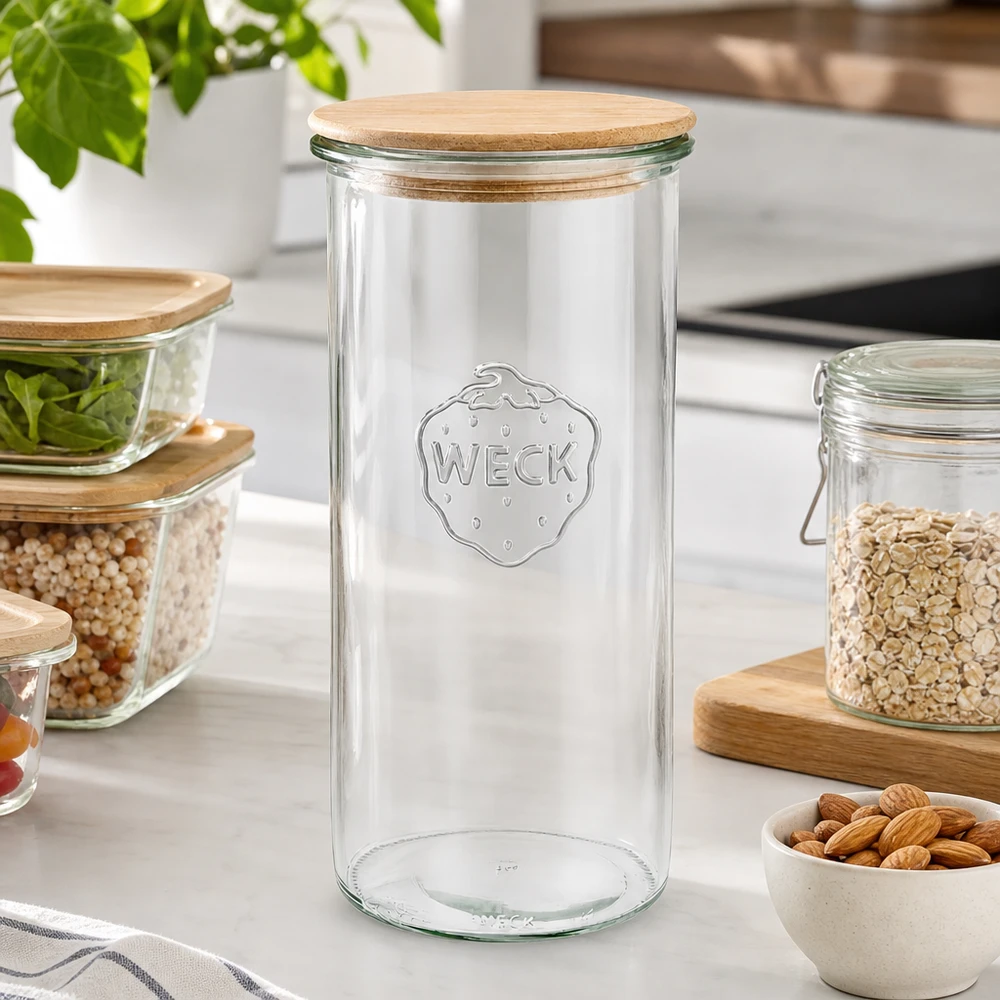 1500 ml Briller WECK RR100 med trælåg WECK 1500ml RR100 tomt opbevaringsglas med trælåg i et moderne køkken omgivet af fyldte opbevaringsglas med nødder