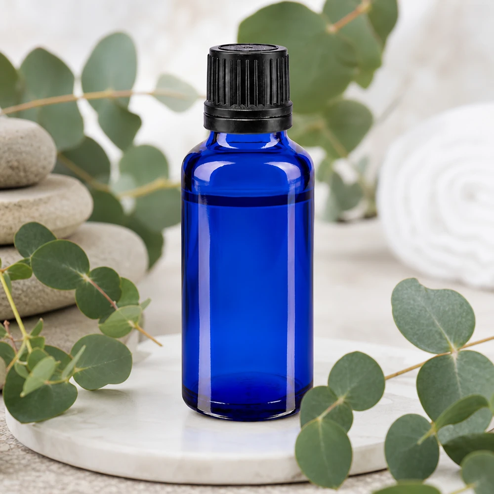 Koboltblå glasflaske på 30 ml med en 1 mm dråbeåbning og sort originalitetslukning
