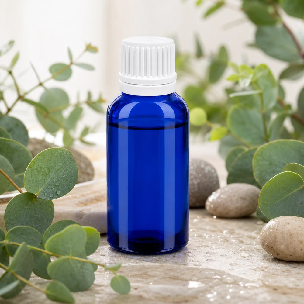 30 ml Dropperflaske 0,7 mm hvid OV BlueLine UT18/30 30 ml blå glasflaske med hvid dråbehætte til æteriske olier og kosmetik