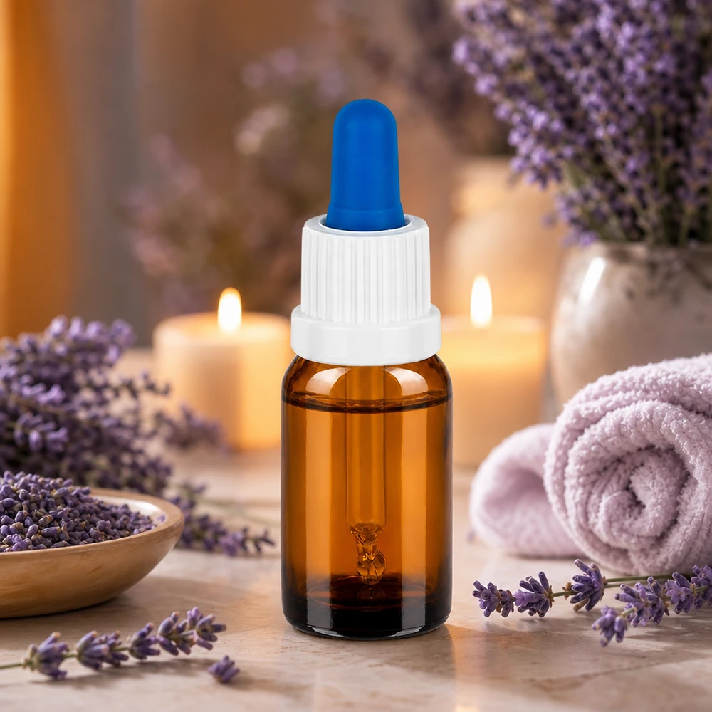 10 ml pipetteflaske hvid/blå OV BrownLine UT18/10 10 ml apoteksflaske lavet af UV-beskyttende ravfarvet glas med hvidt skruelåg og blå pipettespids