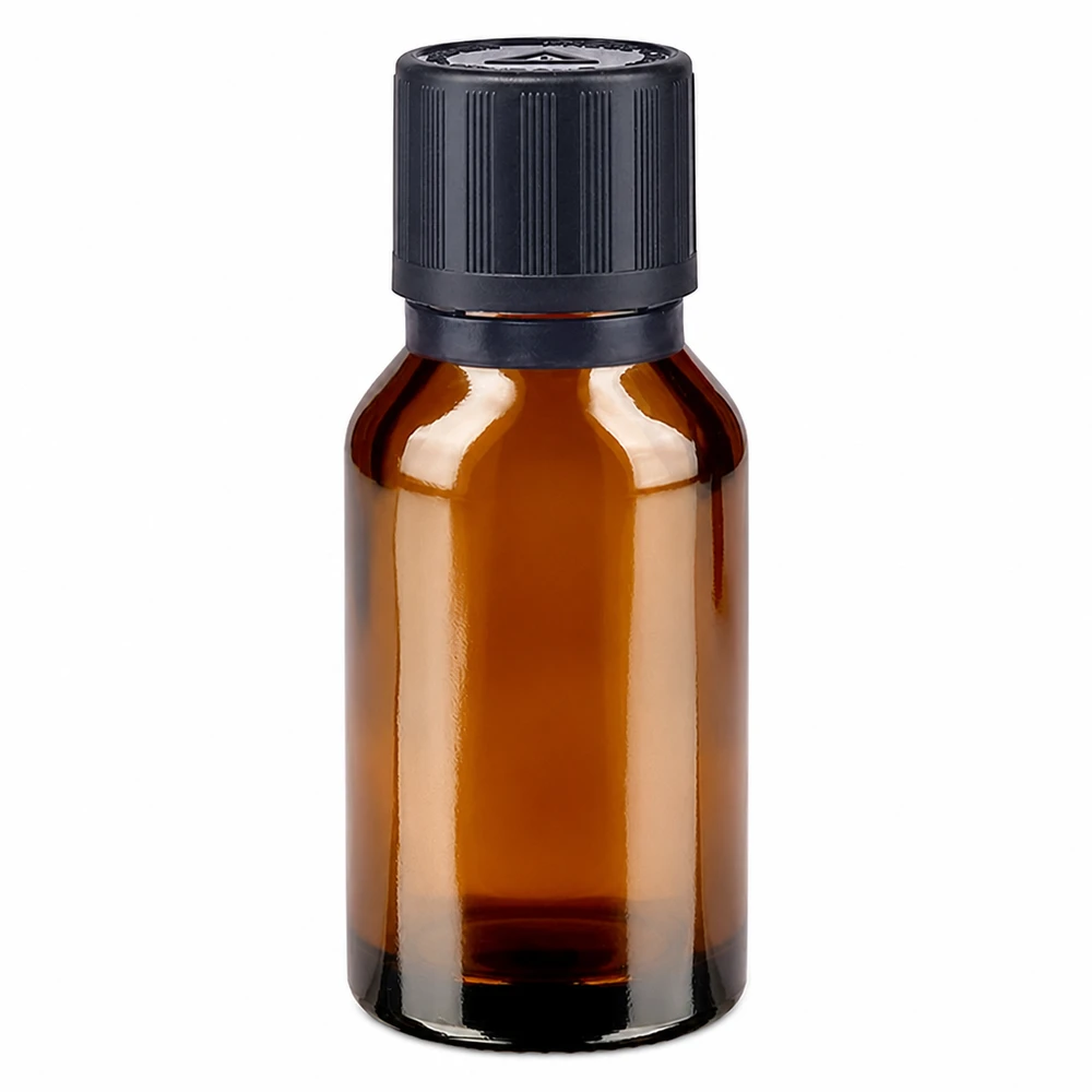 Brun apotekerflaske på 15 ml med sort børnesikret låg og 1 mm dråbeanordning