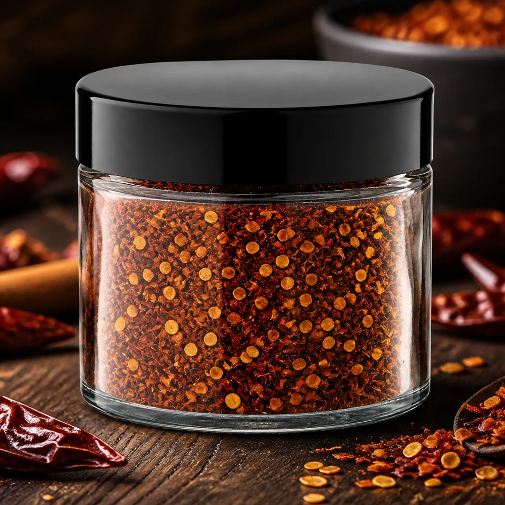 Krydderiidé: Glaskrukke 30 ml klar inkl. skruelåg Glasbeholder, 30 ml, gennemsigtig, med chiliflager og frø samt sort skruelåg