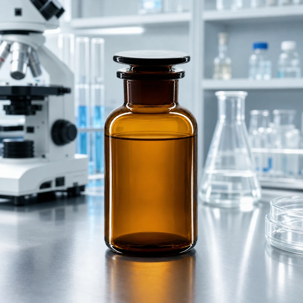 Rund skulderflaske 250 ml brun glasprop med bred hals Laboratorieapotek, brun glasflaske på 250 ml med bred hals og glasprop ved siden af et mikroskop og en Erlenmeyer-kolbe
