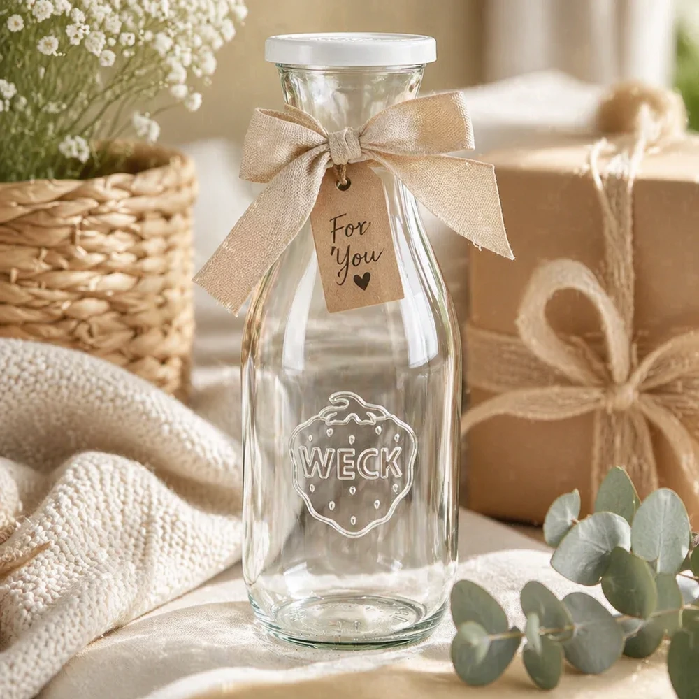 1062 ml saftflaske med friskhedslåg WECK RR60 WECK juiceflaske 1062 ml som gave med sløjfe og For You-tag i en rustik dekorativ scene