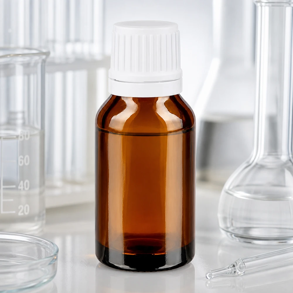 Apoteksflaske brun 15ml dryp v. 1,2 mm hvid OV Brun apoteksflaske på 15 ml med hvid originalitetslukning i laboratoriet mellem en glaskolbe og et bægerglas