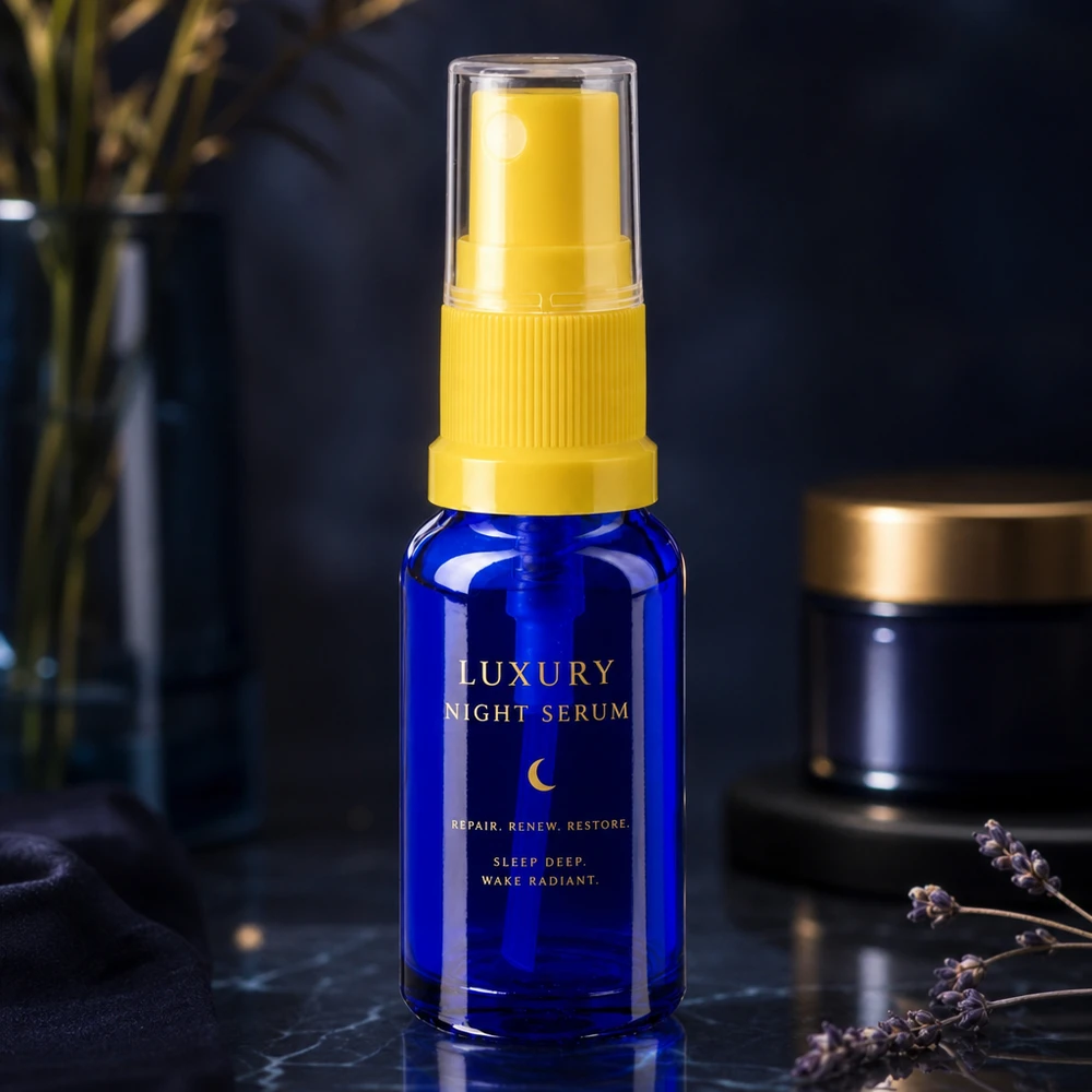 Apotekerflaske blå 30 ml spraytilbehør gul Blå 30 ml-flaske med gul sprøjtehoved som emballage til Luxury Night Serum på et studiebillede