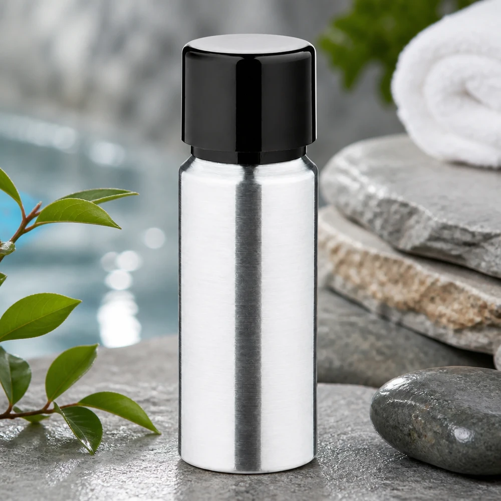 20 ml flaske i poleret aluminium med skruelåg 20 ml aluminiumsflaske af høj kvalitet med spejlblank overflade og lækagesikkert skruelåg