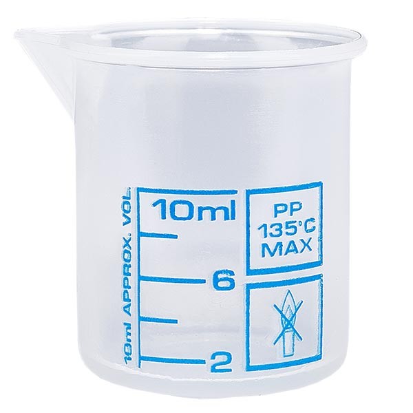 10 ml målebæger (Griffin-bæger) PP, antistatisk, med høj gennemsigtighed i henhold til DIN 12.311, med gradfri vulstkant, trykt blå skala