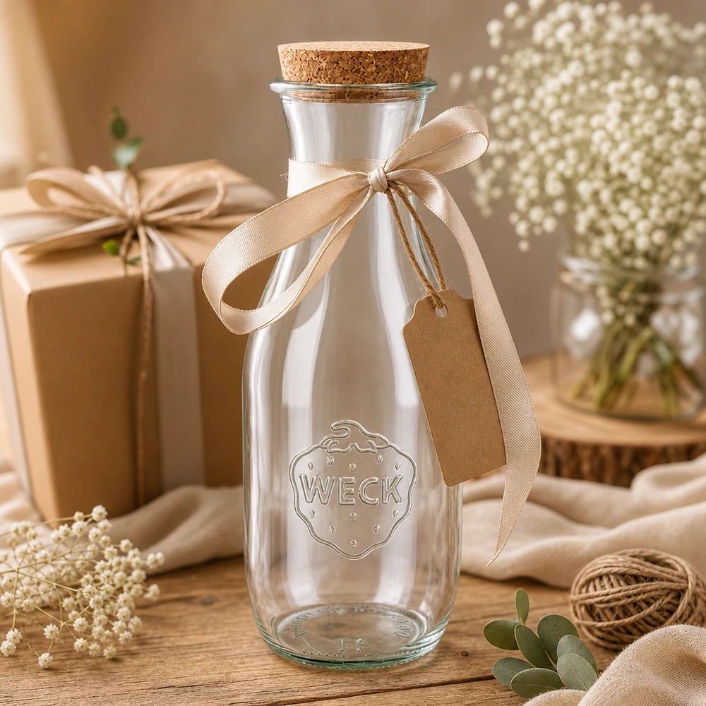 1062 ml juiceflaske WECK RR60 med kork natur WECK glasflaske 1062ml som gave dekoreret med beige sløjfe og vedhæng ved siden af gypsophila og gaveæske