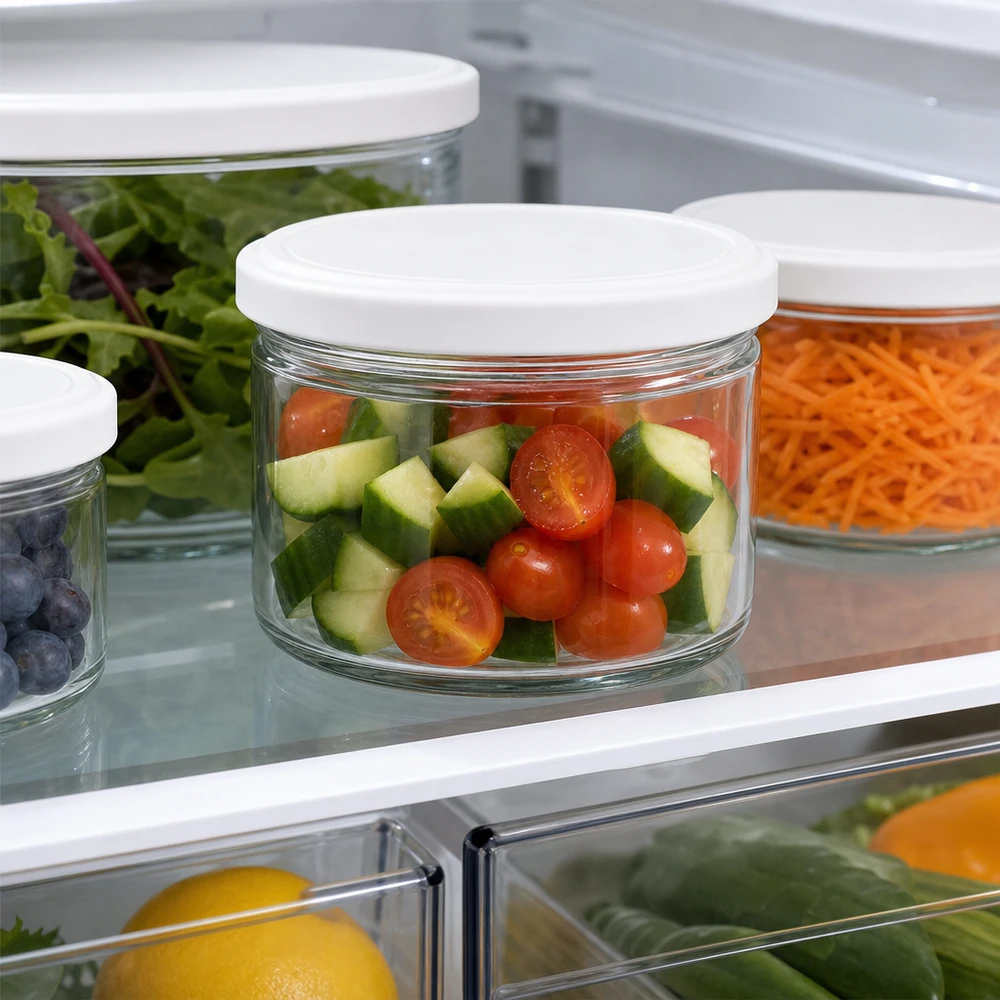 540 ml rund krukke med BasicSeal-låg hvid UNiTWIST 540ml Rundglas BasicSeal weiß im Kühlschrank mit Tomaten und Gurken - optimale Frischhaltung für geschnittenes Gemüse